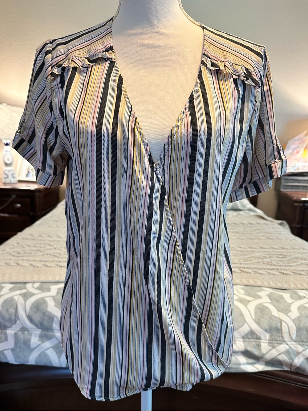 Hayden Los Angeles Striped Faux-Wrap Surplus Blouse, Ruffle Shoulder, Size M